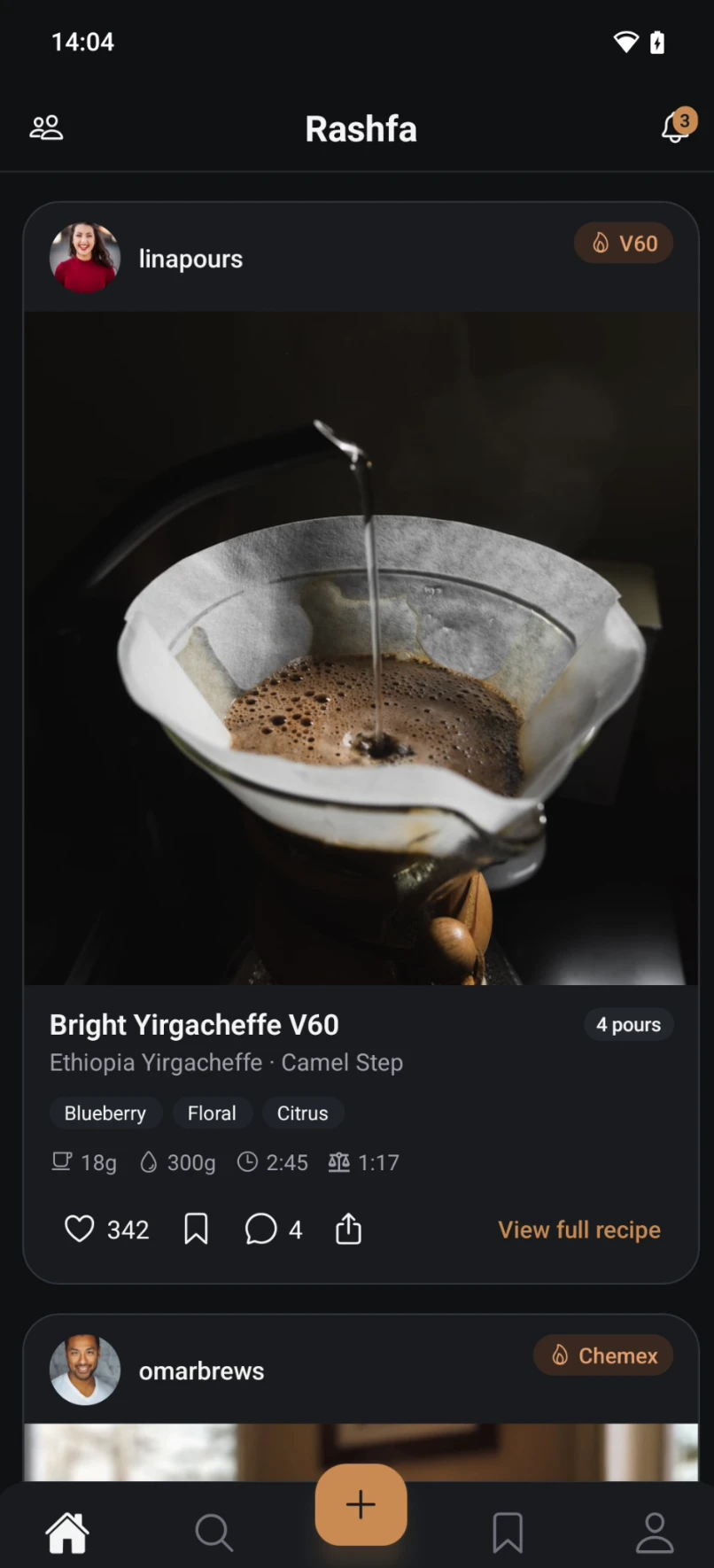 Rashfa app feed showing a pour-over coffee recipe
